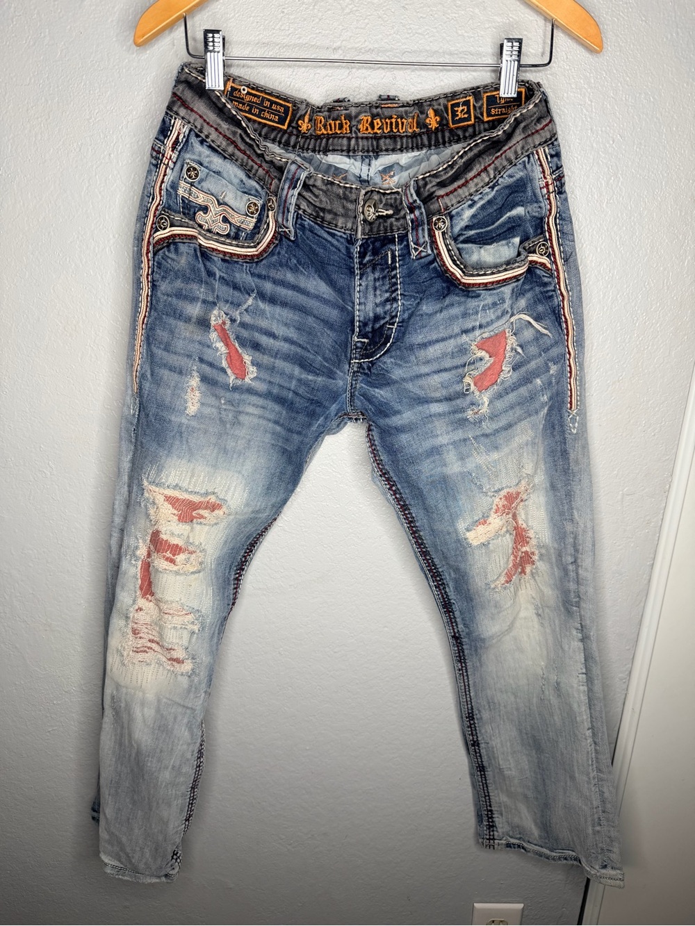 Rock Revival Jeans Mens Straight Distressed Embroidered Heavy Stitch Y2K